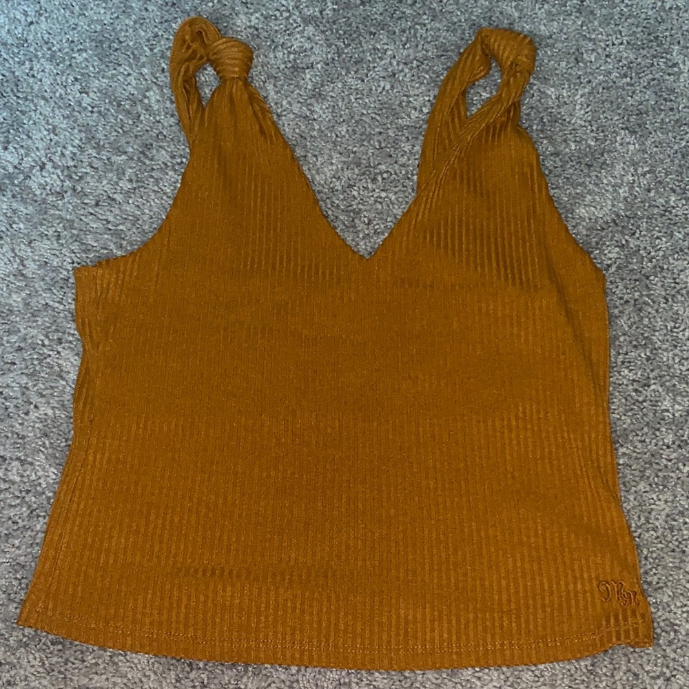 Women’s Miss Me V-Neck Knot Strap Tank Top - Mustard